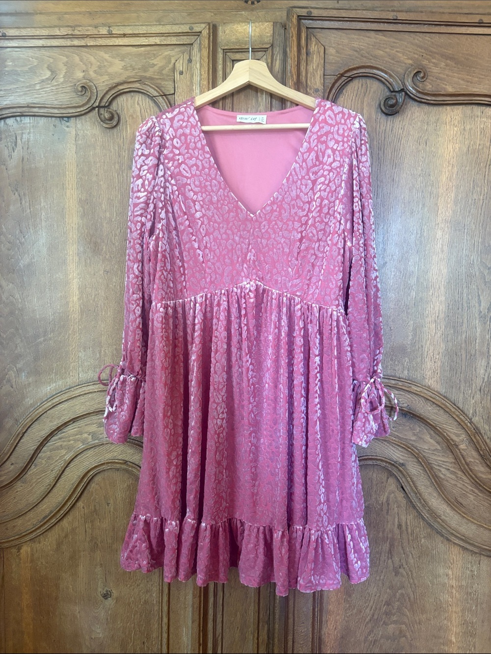 New In Leopard Velvet Ruffled Holiday Mini Dress - Picture 3 of 11